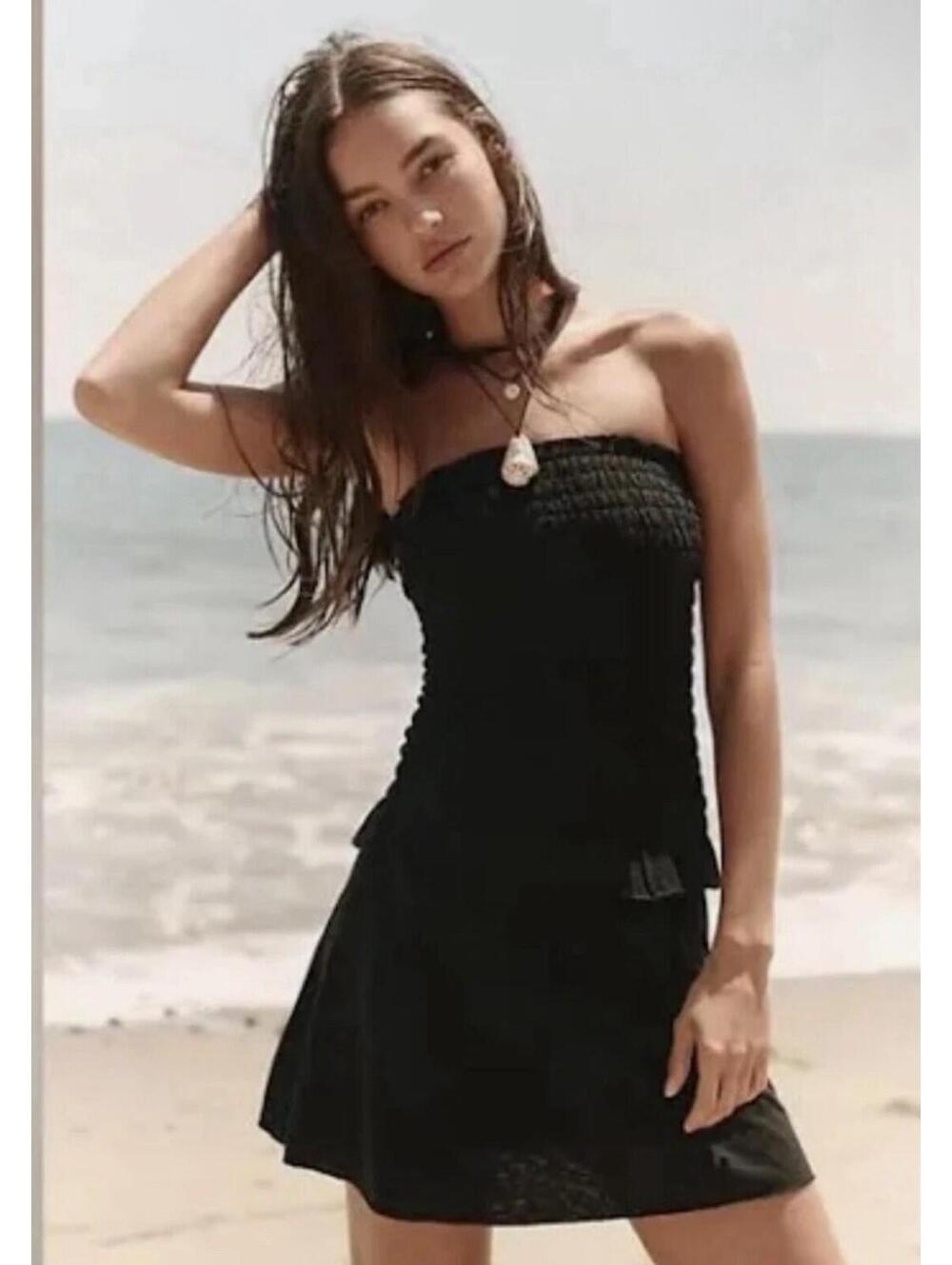 NWT Free People Lora 100% Cotton Two Piece Tube Top And Mini Skirt Set Black M